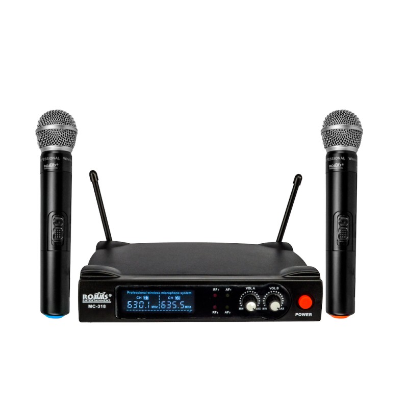 Sistema dual 2 micrófonos inalámbricos UHF display 2.5"